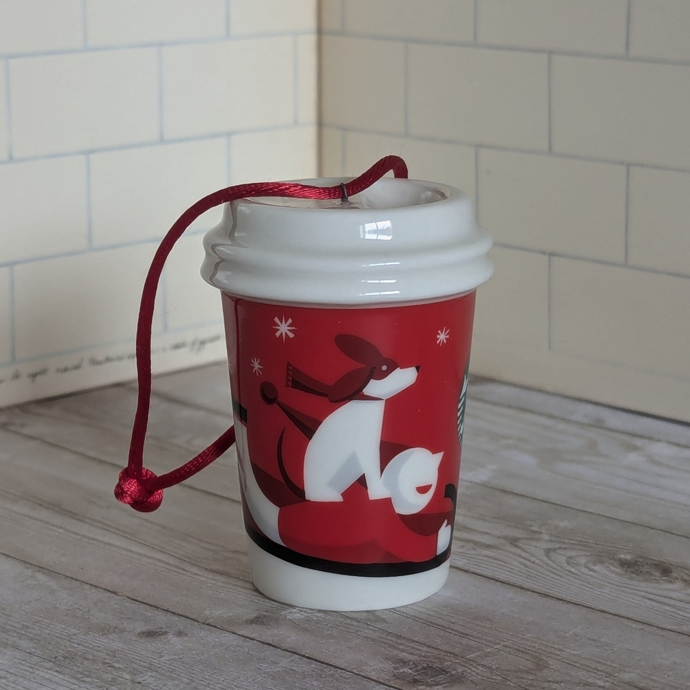 Starbucks Holiday 2011 Ceramic To Go Cup Christmas Ornament, Boy & Dog Sledding